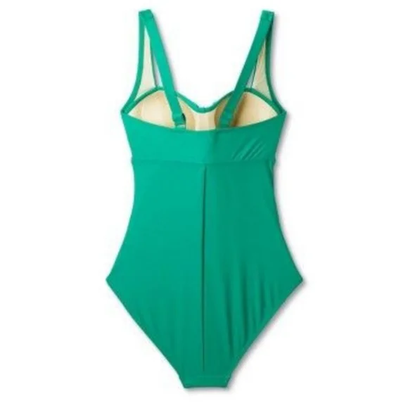 NEW Kona Sol Twist-Front Square Neck Full Coverage One Piece Swimsuit Green